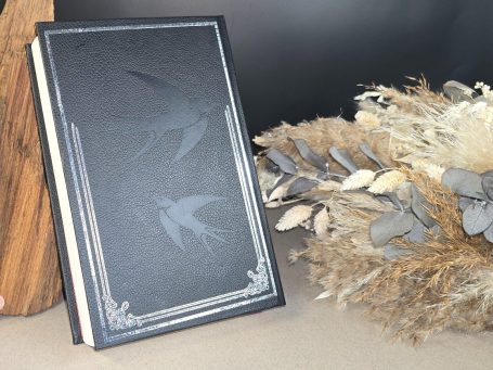The Witcher - Pentalogie - Andrezj Sapkowski Schwarzes Buch mit schwimmenden Vögeln und Trockenblumen im Hintergrund.
