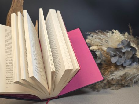 Ein geöffnetes Buch mit  Seiten und himbeerfarbenen Vorsatzpapier vor einem neutralen Hintergrund.