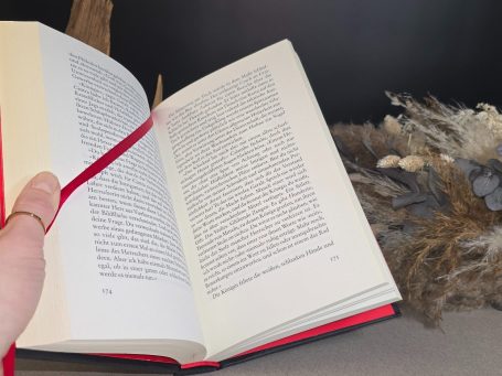 The Witcher - Kurzgeschichten - Andrzej Sapkowski&nbsp; Ein aufgeschlagenes Buch mit rotem Lesezeichen, daneben dekorative Pflanzen.