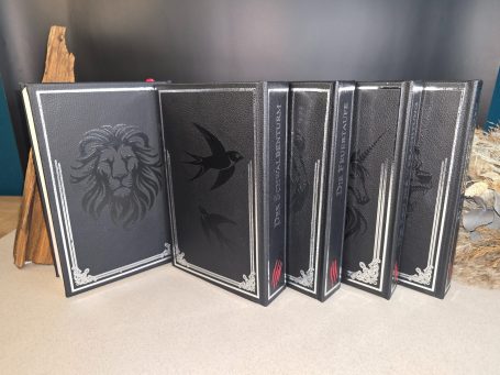 The Witcher - Pentalogie - Andrezj Sapkowski Fünf schwarze Bücher mit dekorativen silbernen Motiven und einem Löwen auf dem Cover.