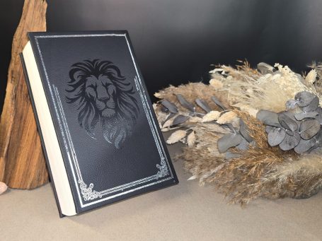 The Witcher - Pentalogie - Andrezj Sapkowski Schwarzes Buch mit Löwenmotiv, umgeben von getrockneten Pflanzen und Holz.