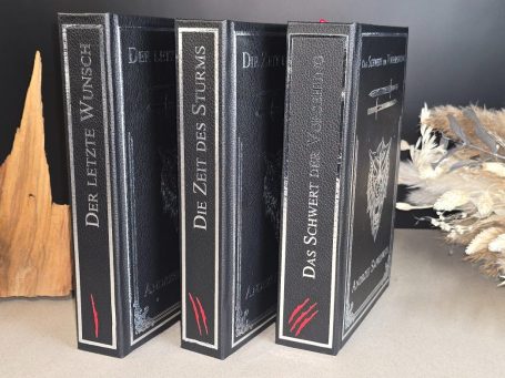 The Witcher - Kurzgeschichte Drei schwarze Buchrücken Titeln: "Der letzte Wunsch", "Die Zeit des Sturms", "Das Schwert der Vorhersehung".