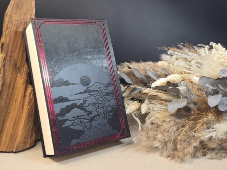 Ein Buch mit dunkelgrauem Cover und rotem Rand, neben getrocknetem Gras und Holz.