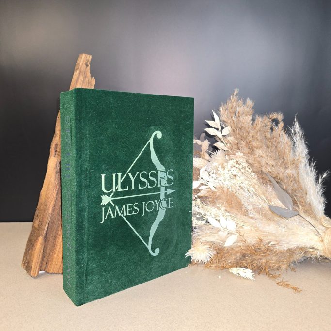 Grünes Buch mit dem Titel "Ulysses" von James Joyce neben getrocknetem Pflanzenmaterial.